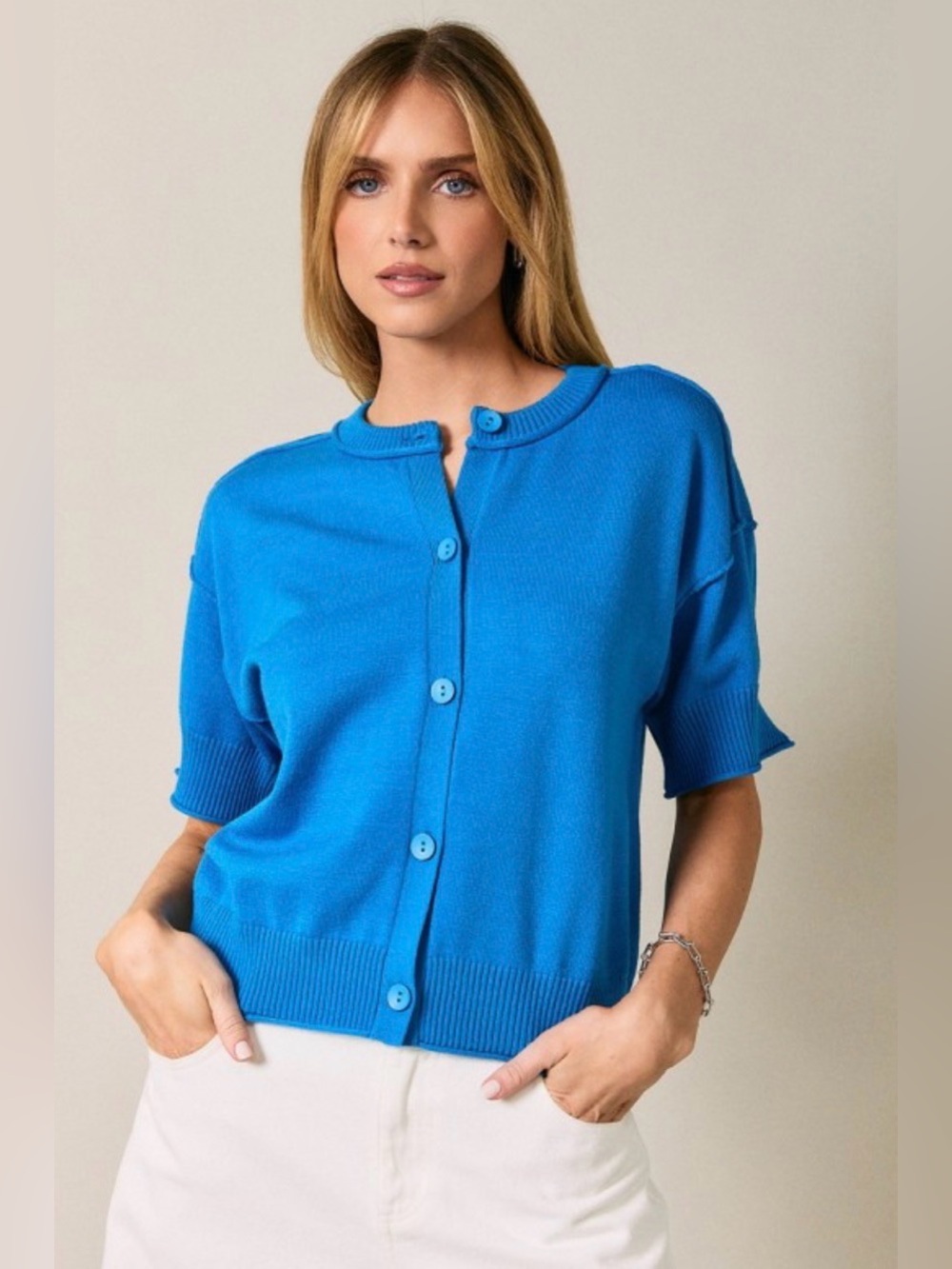 83 Bright Blue Short-Sleeve Button Cardigan Sweater